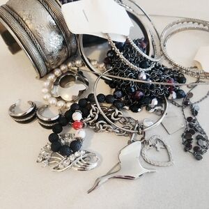 Silver Tone Mixed Charm Necklace with Black, White & Red Beads